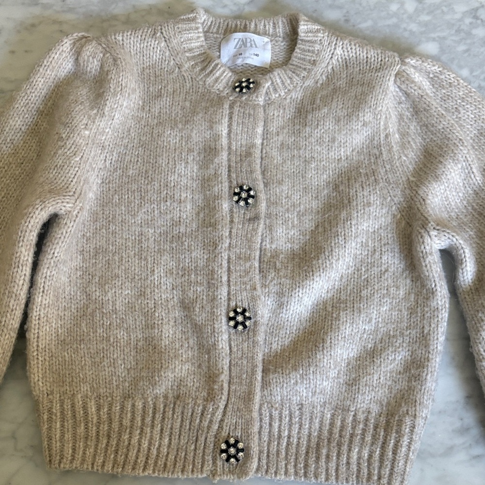 Zara Beige Knit Cardigan with Floral Buttons